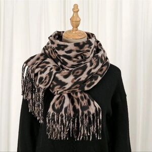Women’s Taupe Leopard Print Pashmina Shawl Cashmere Blend Winter Scarf 28x72